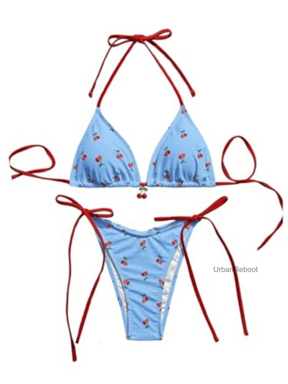 2 Piece Cherry Print Halter Bikini Set Side Tie Triangle Swimsuit